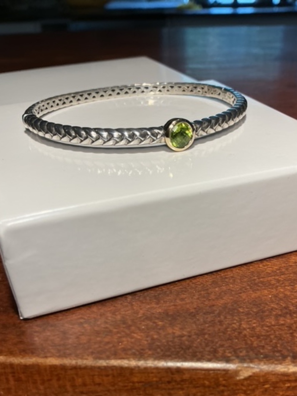 Town & Country Sterling Silver Hinged Bracelet, Peridot stone with 14k accent